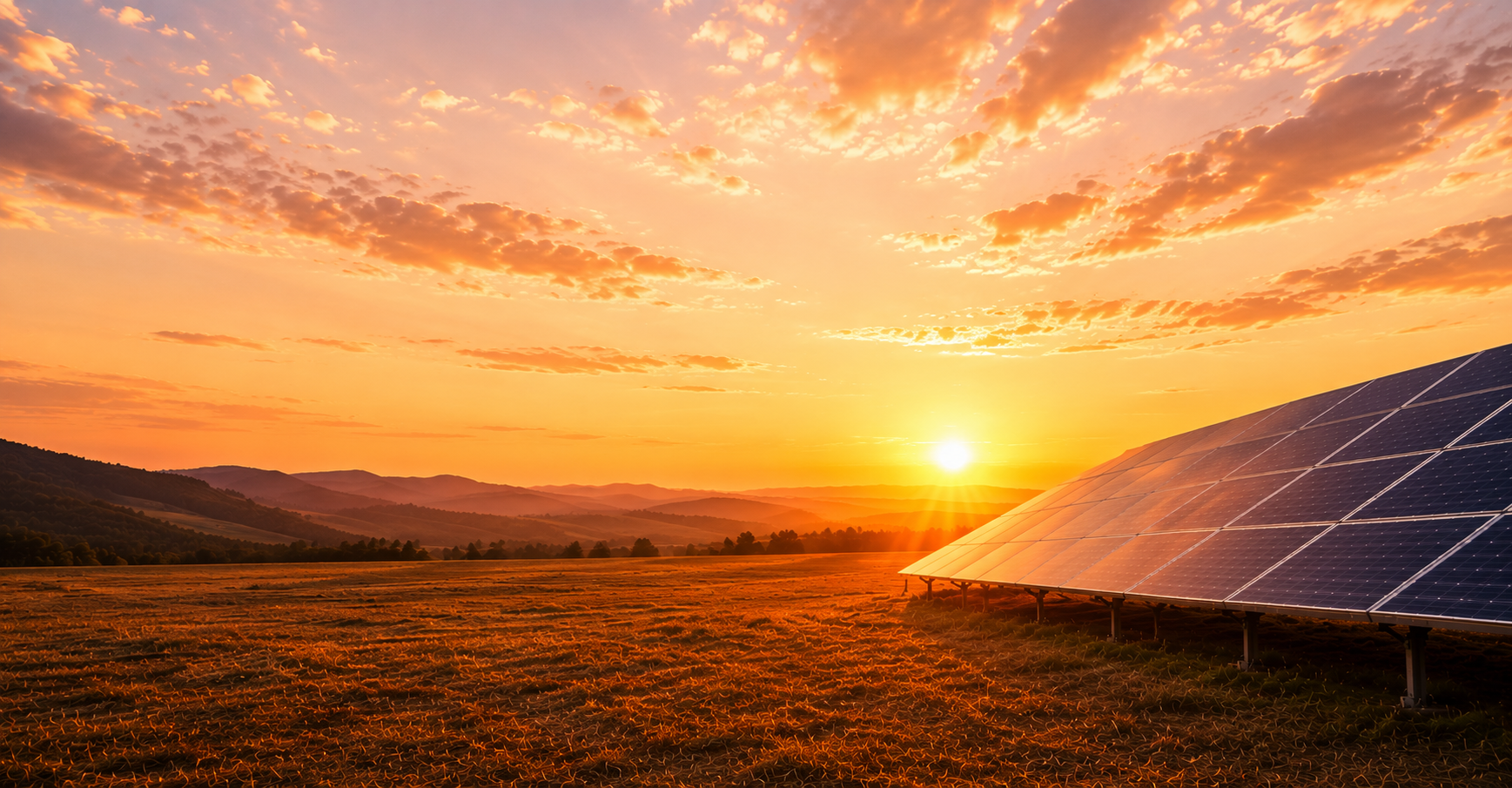 Solar panels at golden sunset